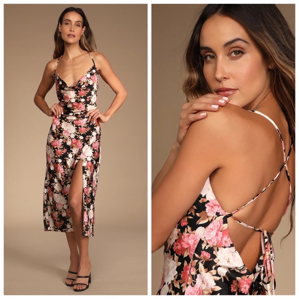 Lulus Moment of Chic Black Floral Print Satin Lace-Up Midi Dress